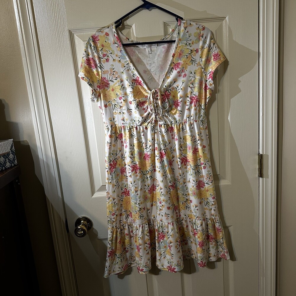 Planet Gold Women's Multicolored Floral Pattern Short Sleeve Dress L